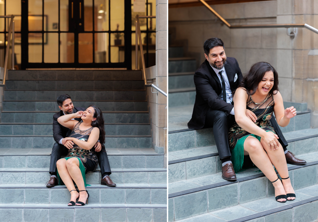 Couple laughing during photoshoot