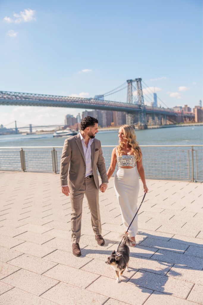 Engagement photos with a couple walking their dog